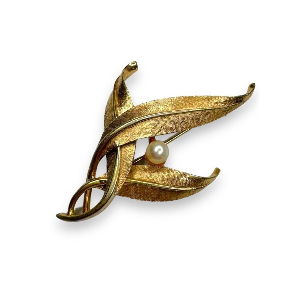 Vintage Boucher Gold Tone Leaf Brooch Faux Pearl Mid Century Modern 2.5"